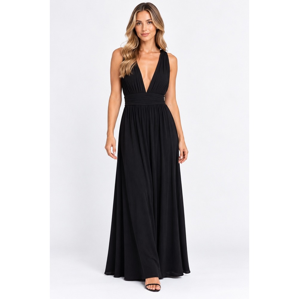Lulus Maxi Dress Women S Black Excellent Plunging V-Neck Sleeveless Pleated